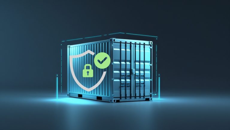 Ilustracja koncepcyjna przedstawiająca kontener transportowy w otoczeniu cyfrowych efektów świetlnych, symbolizująca cyberbezpieczeństwo w logistyce; na kontenerze widoczna ikona tarczy z kłódką i zielonym znacznikiem wyboru, co podkreśla ochronę danych i bezpieczne operacje w łańcuchu dostaw.