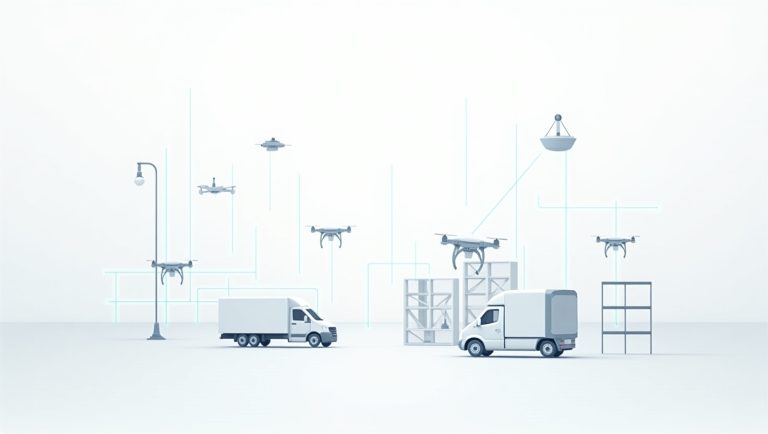 Minimalistyczna grafika koncepcyjna przedstawiająca drony i pojazdy dostawcze połączone siecią w systemie Internetu Rzeczy (IoT).