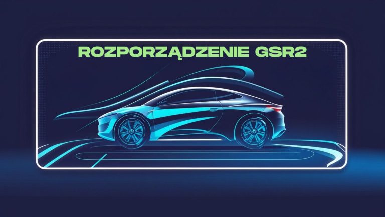 Grafika przedstawiająca futurystyczny samochód sportowy w niebiesko-zielonych barwach neonowych, z napisem "ROZPORZĄDZENIE GSR2".