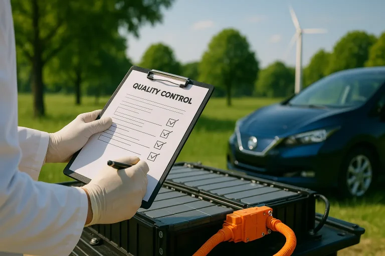 Zdjęcie przedstawia kontrolę jakości baterii do samochodu elektrycznego. Pracownik wypełnia listę kontrolną. W tle widać samochód oraz drzewa i wiatrak.
