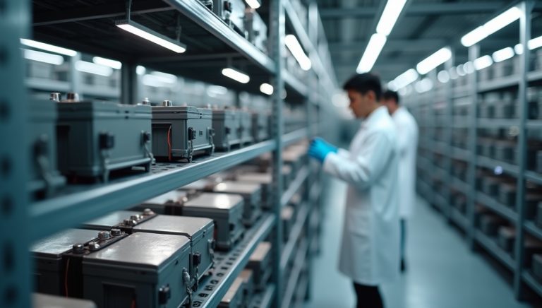 Inżynierowie w białych fartuchach i rękawiczkach pracują w magazynie z bateriami lub akumulatorami.