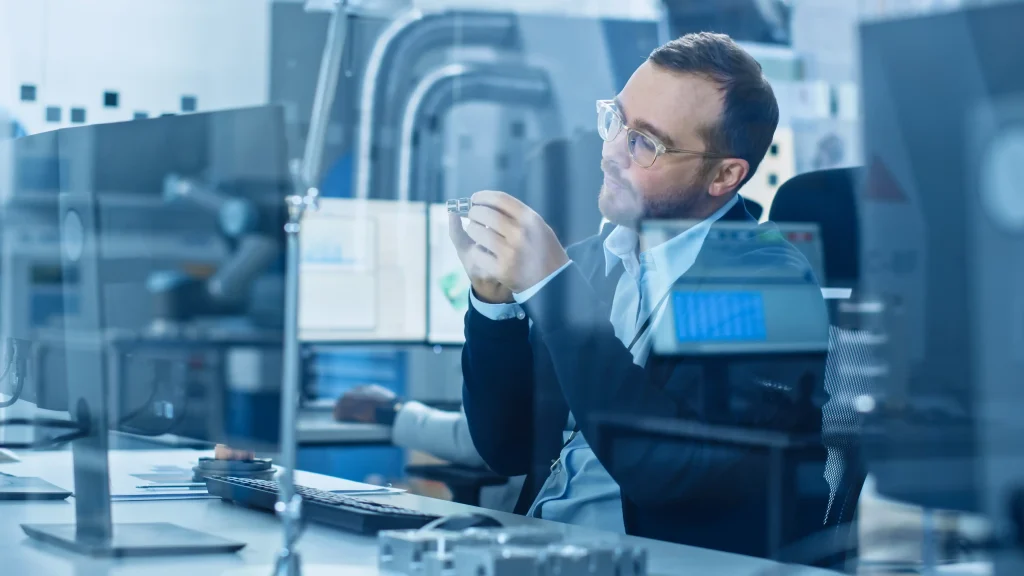 Pracownik laboratorium dokonujący wizualnej kontroli jakości komponentu. W tle widać ekrany komputerów, na których znajdują się wykresy.