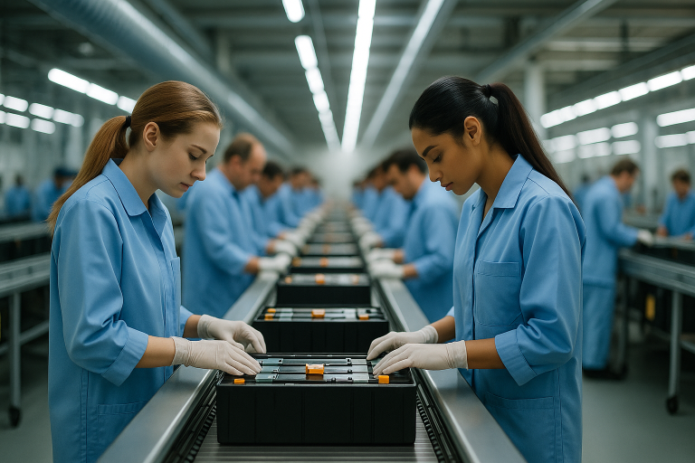 Kontrola jakości baterii do samochodów elektrycznych. Na zdjęciu pracownicy, którzy dokonują kontroli wizualnej baterii litowo-jonowej.