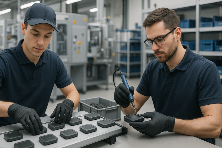 Dwóch pracowników w hali produkcyjnej wykonujących sortowanie i rework komponentów elektronicznych w ramach kontroli jakości.