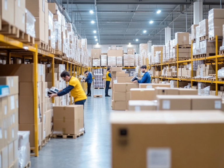 Pracownicy magazynu realizujący zamówienia e-commerce w nowoczesnej hali – widoczne regały z produktami, kartony i urządzenia do skanowania.