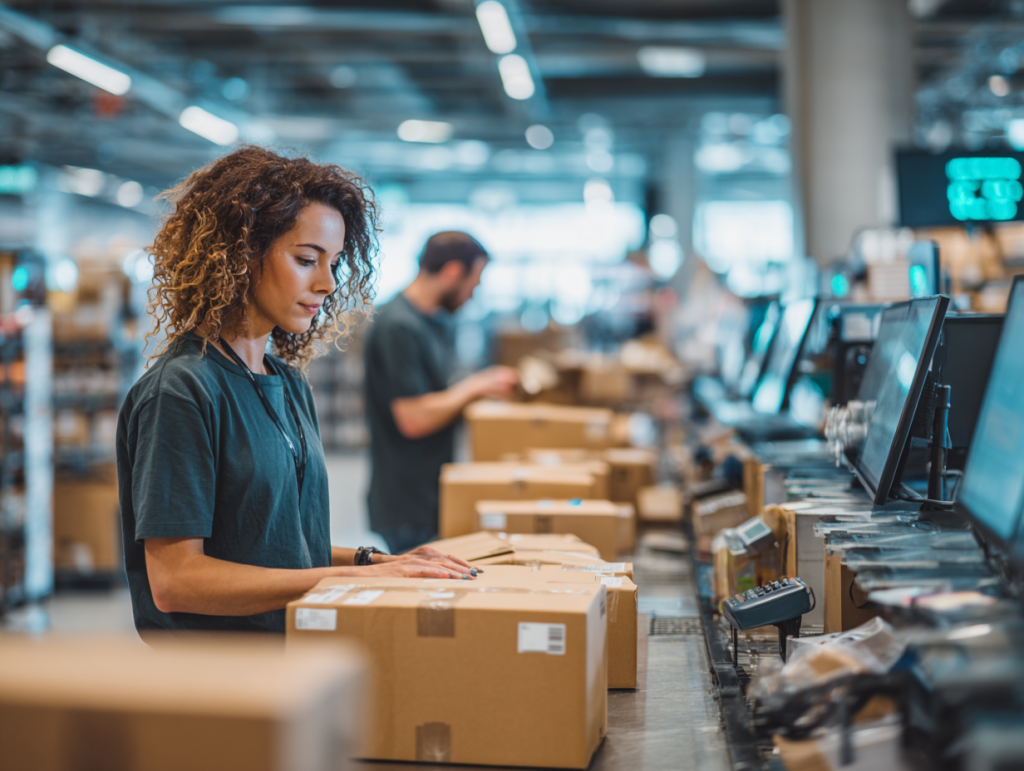 Kobieta w magazynie pakuje paczkę na linii produkcyjnej e-commerce, w tle widać innego pracownika.