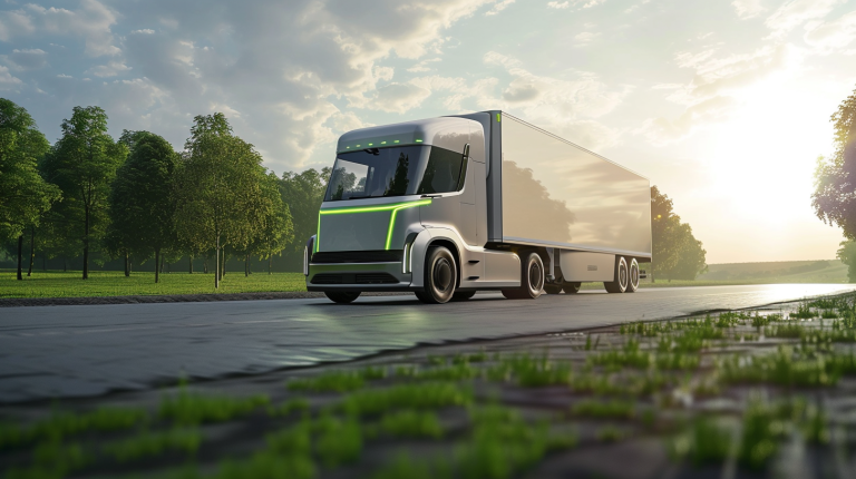 Elektryczna cieżarówka, jadąca po drodze. W tle odcienie zieleni, drzewa i zachądzące słońce.