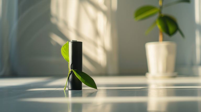 Pojedyncza bateria, o którą opiera się zielony liść. W tle delikatny cień zachodzącego słońca oraz doniczka z kwiatkiem