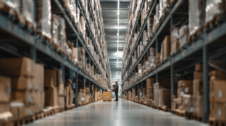 Pracownik podczas kompletowania zamówień w nowoczesnym magazynie we Wrocławiu.