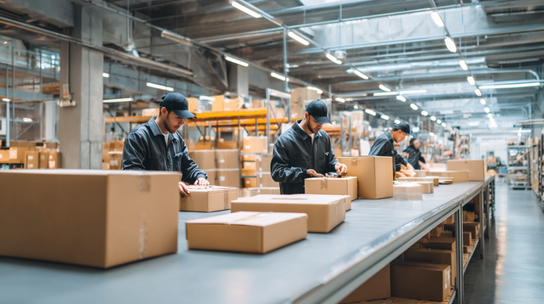 Pracownicy w magazynie e-commerce pakujący paczki w minimalistycznym wnętrzu