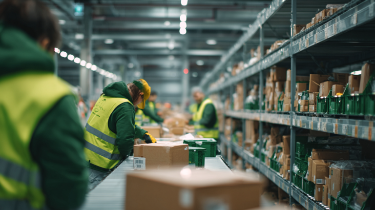 Minimalistyczna grafika prezentująca uporządkowaną strefę zwrotów z symbolicznym przepływem towaru, nawiązująca do optymalizacji procesu zwrotów w e-commerce.