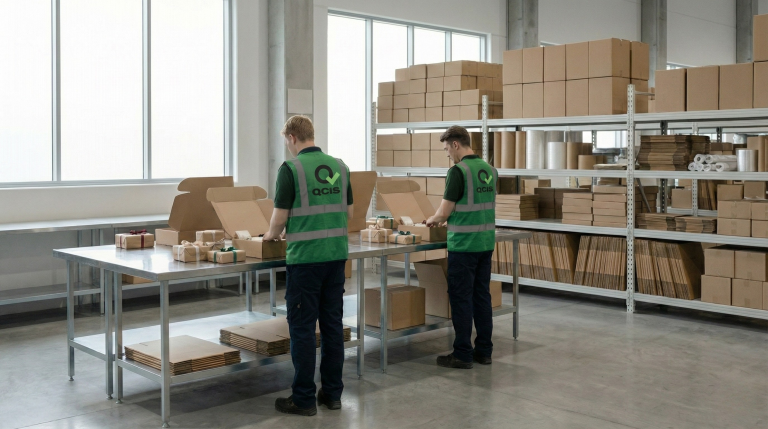 Pracownicy w zielonych kamizelkach przygotowują zestawy świąteczne w magazynie.